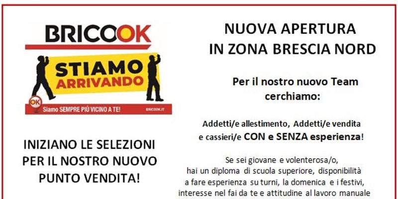Brico Ok, assunzioni per il nuovo negozio di Brescia